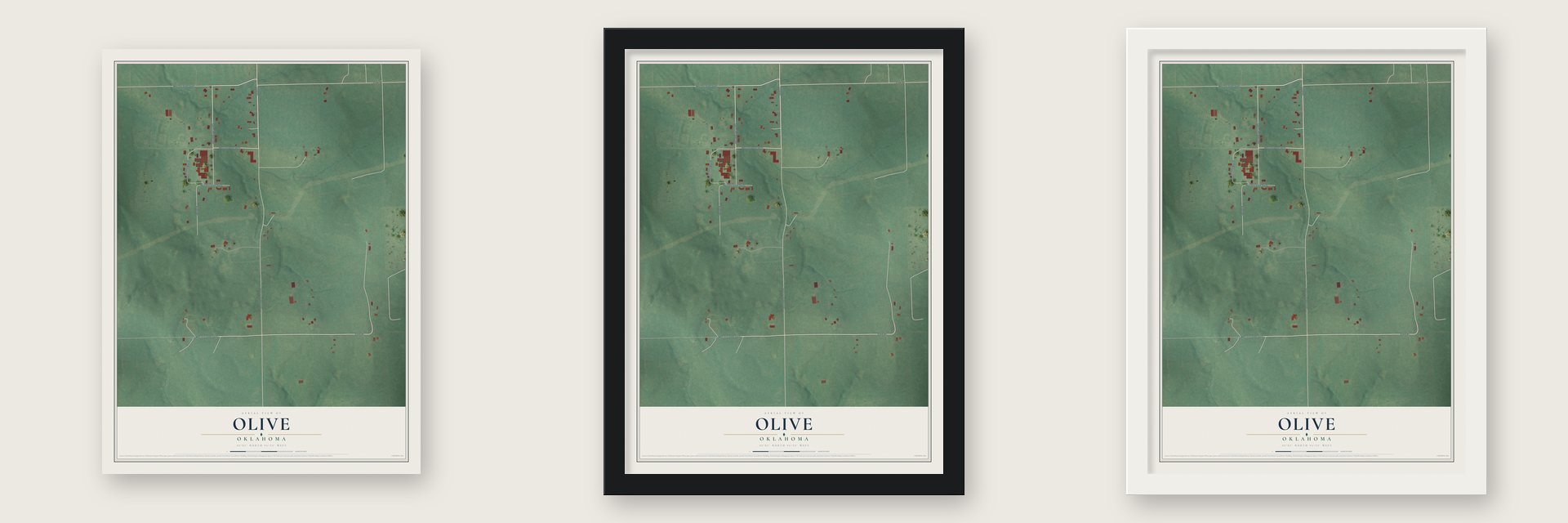 Olive, Oklahoma map unframed, in a black wood frame and in a white wood frame
