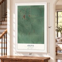 Olive, Oklahoma map, 24 x 36 inch print in a white frame by a staircase
