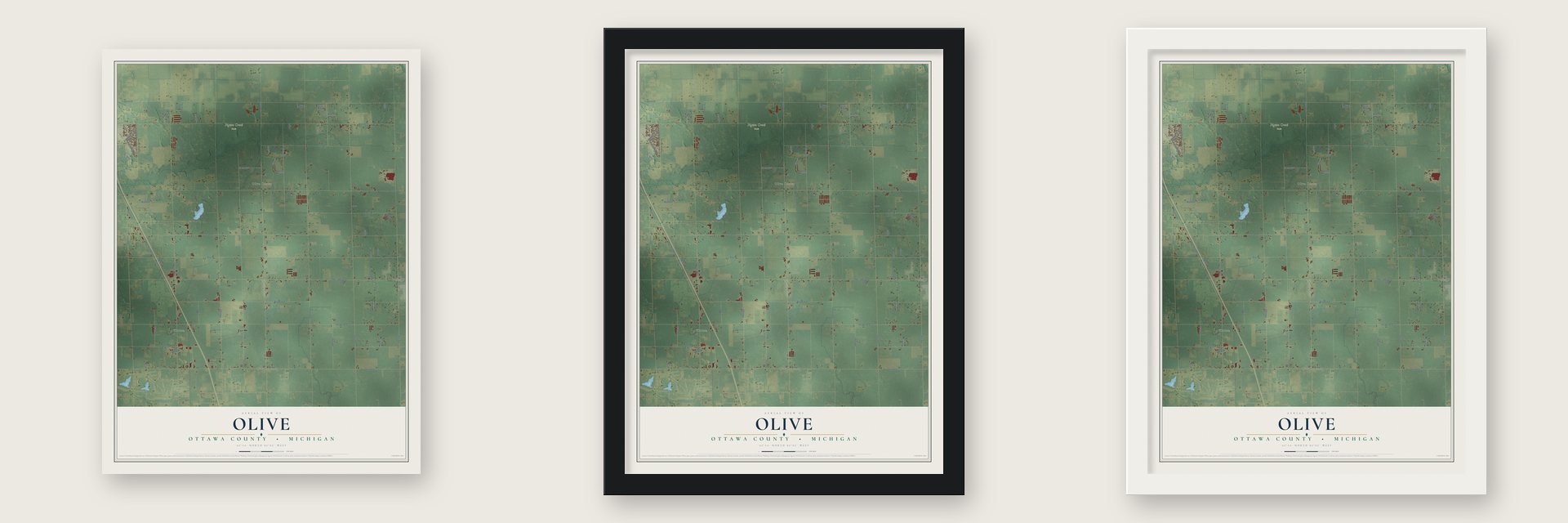 Olive, Ottawa County, Michigan map unframed, in a black wood frame and in a white wood frame