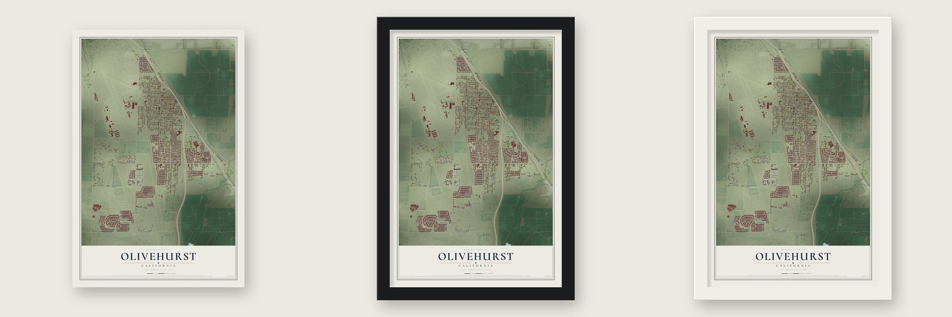 Olivehurst, California map unframed, in a black wood frame and in a white wood frame