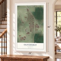Olivehurst, California map, 24 x 36 inch print in a white frame by a staircase