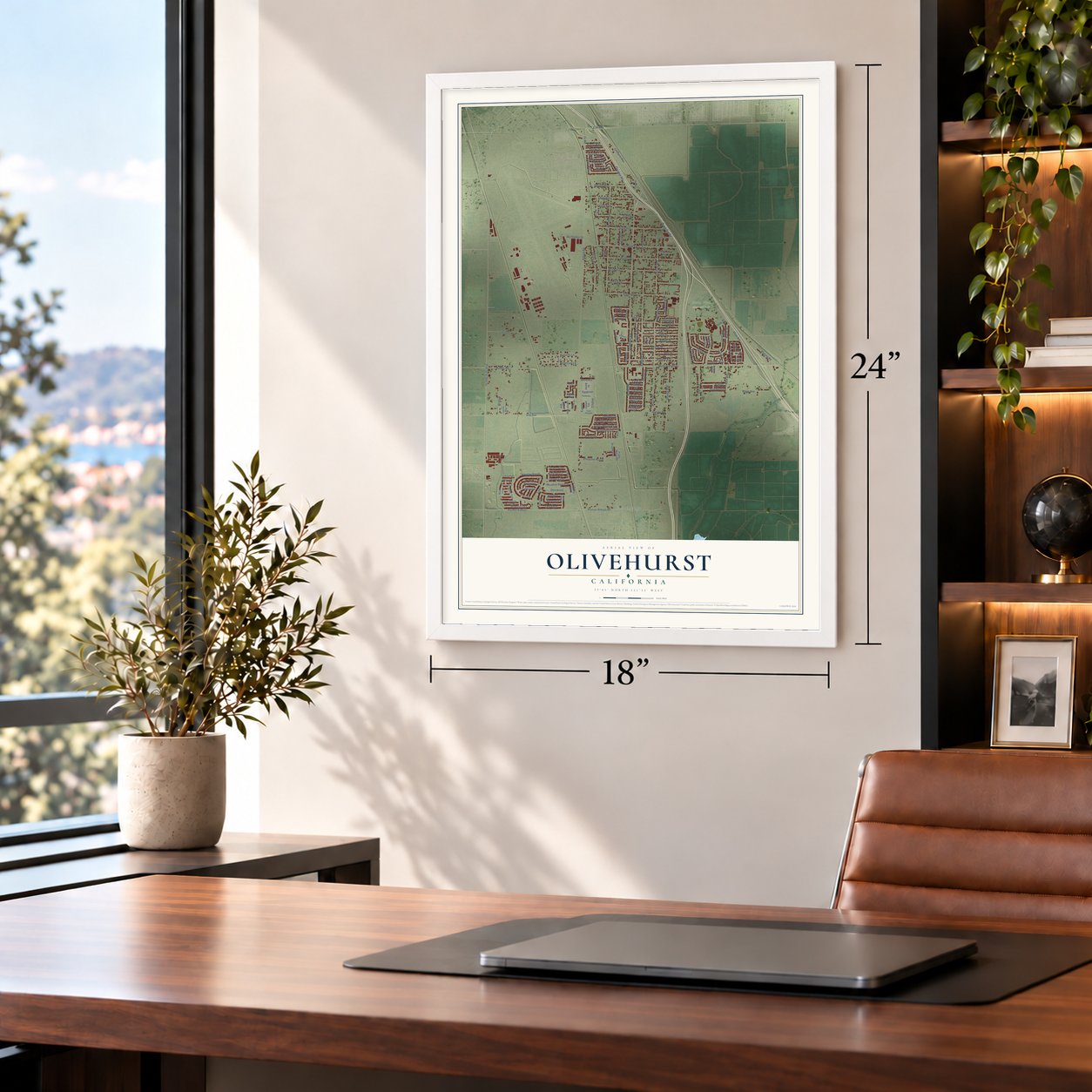 Olivehurst, California map, 18 x 24 inch print in a white frame in a home office