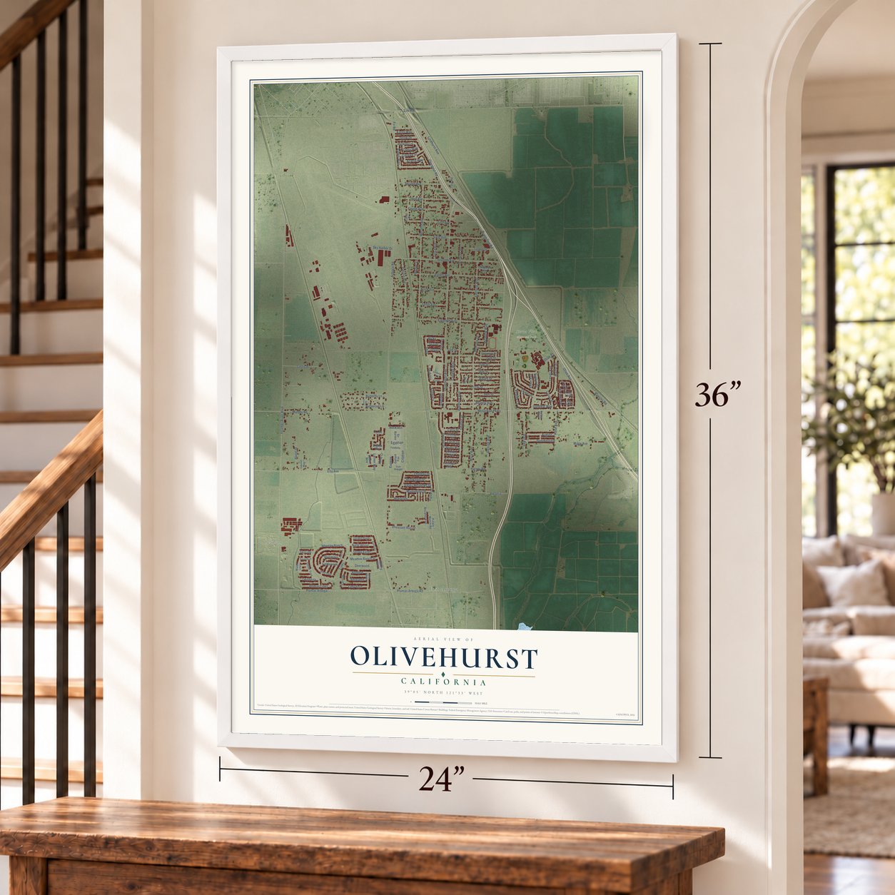 Olivehurst, California map, 24 x 36 inch print in a white frame by a staircase