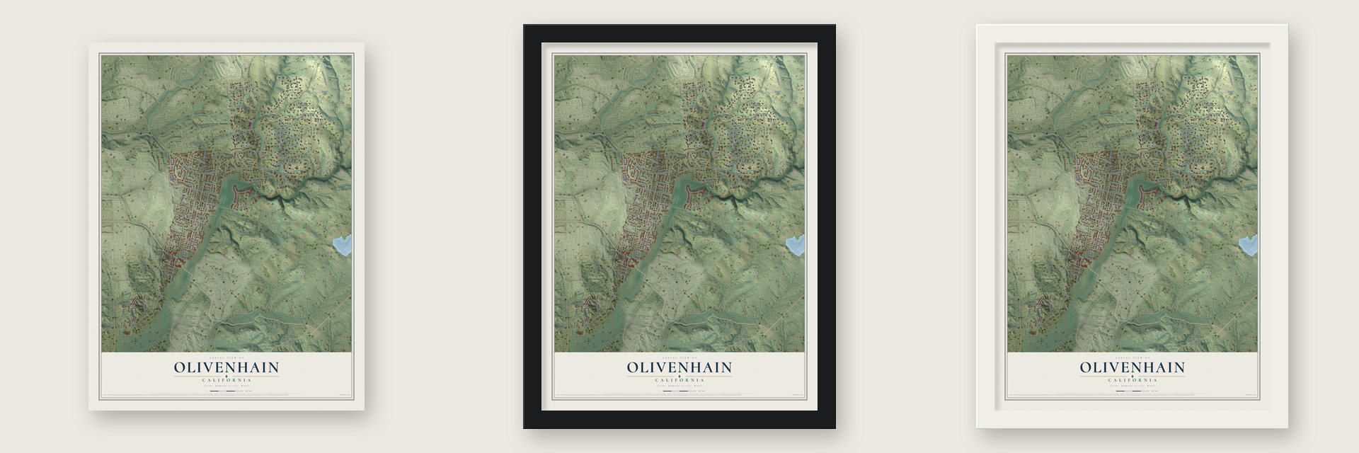 Olivenhain, California map unframed, in a black wood frame and in a white wood frame