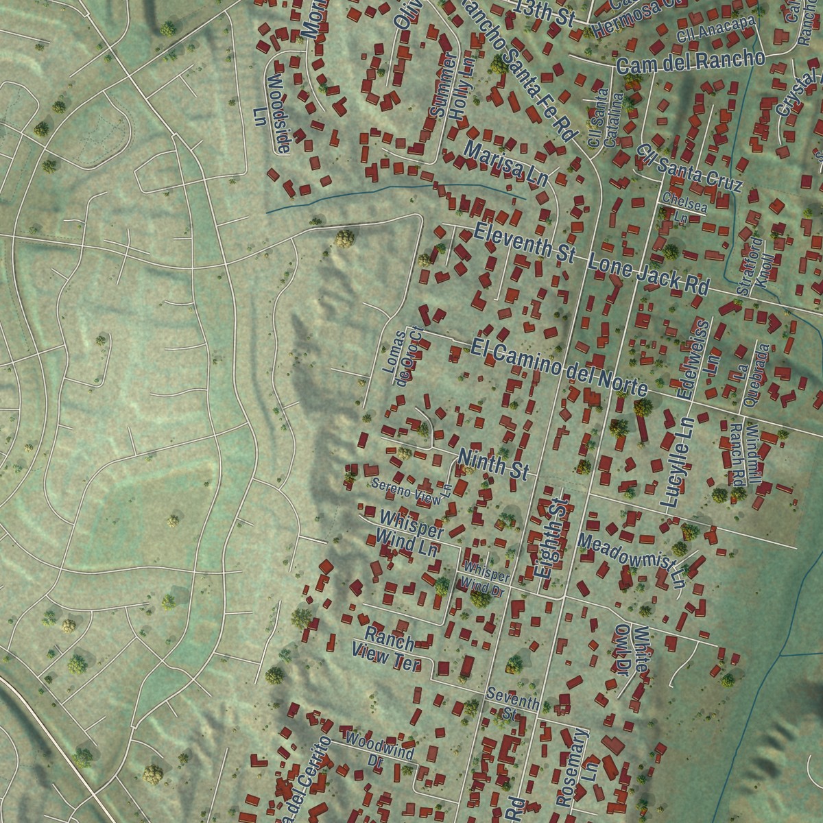 Second close-up of the map of Olivenhain, California print showing more streets and buildings