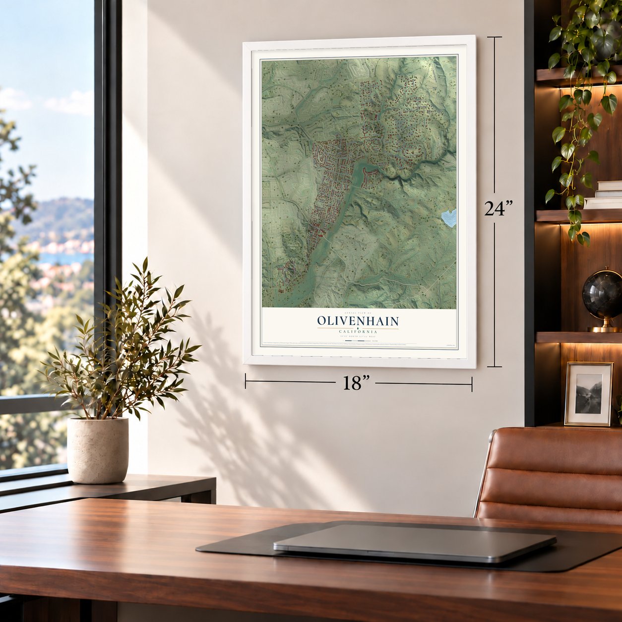 Olivenhain, California map, 18 x 24 inch print in a white frame in a home office