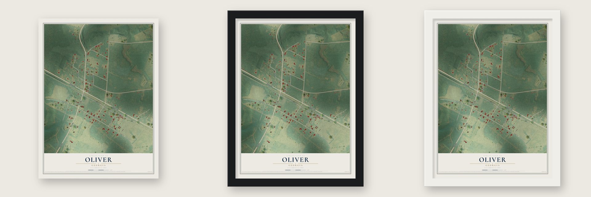 Oliver, Georgia map unframed, in a black wood frame and in a white wood frame