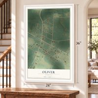 Oliver, Georgia map, 24 x 36 inch print in a white frame by a staircase