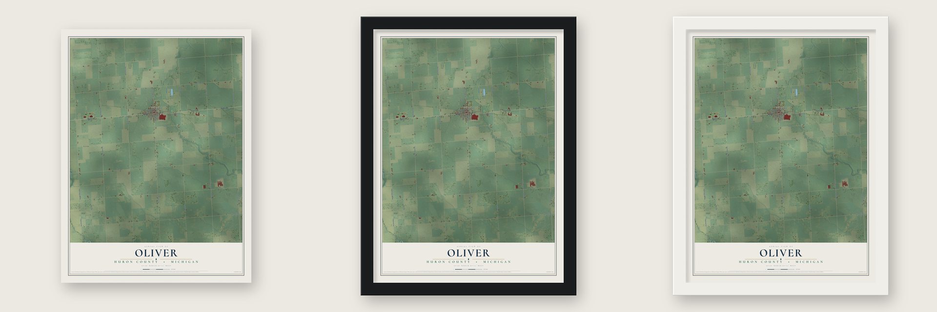 Oliver, Huron County, Michigan map unframed, in a black wood frame and in a white wood frame