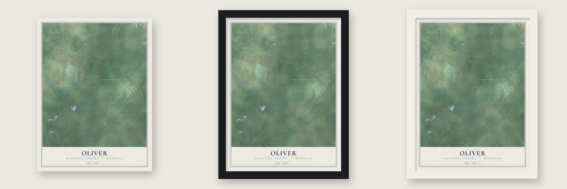 Oliver, Kalkaska County, Michigan map unframed, in a black wood frame and in a white wood frame