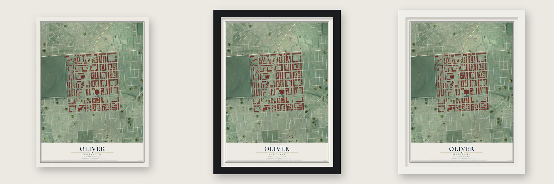Oliver, Maryland map unframed, in a black wood frame and in a white wood frame