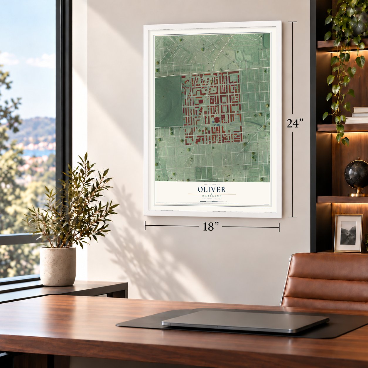 Oliver, Maryland map, 18 x 24 inch print in a white frame in a home office