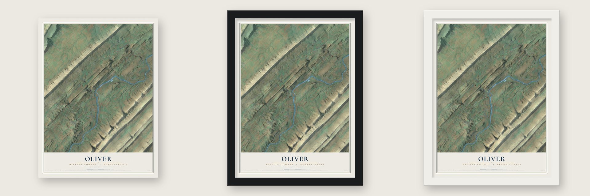 Oliver, Mifflin County, Pennsylvania map unframed, in a black wood frame and in a white wood frame