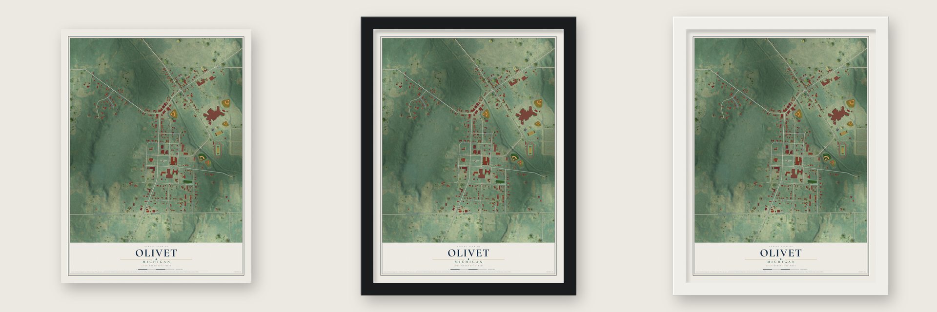 Olivet, Michigan map unframed, in a black wood frame and in a white wood frame