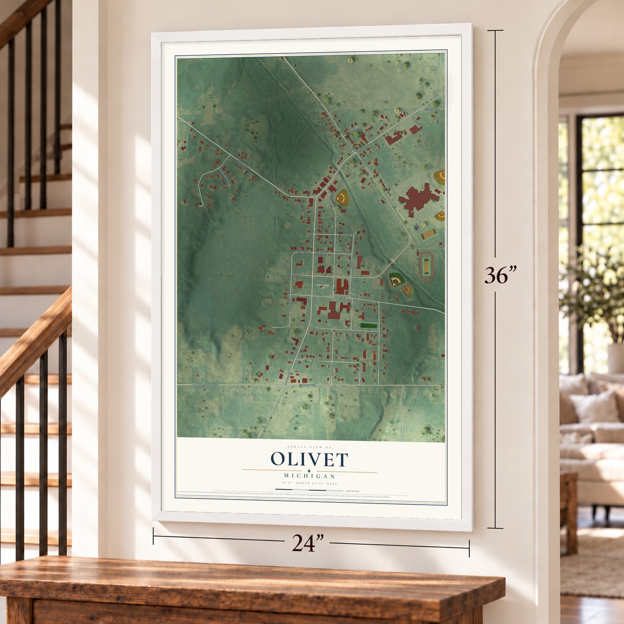 Olivet, Michigan map, 24 x 36 inch print in a white frame by a staircase