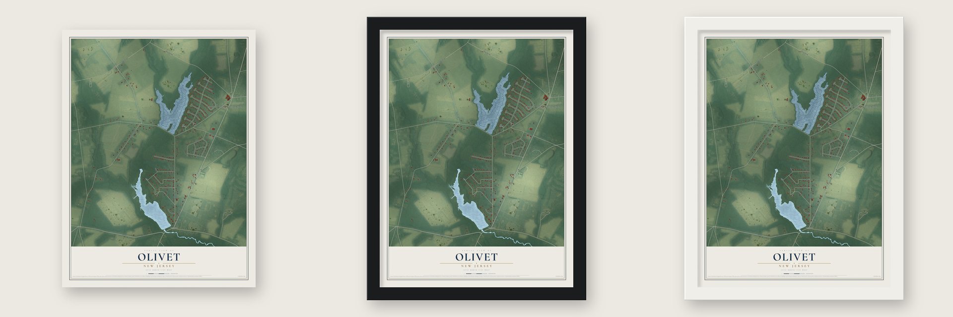 Olivet, New Jersey map unframed, in a black wood frame and in a white wood frame