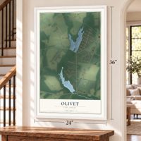 Olivet, New Jersey map, 24 x 36 inch print in a white frame by a staircase