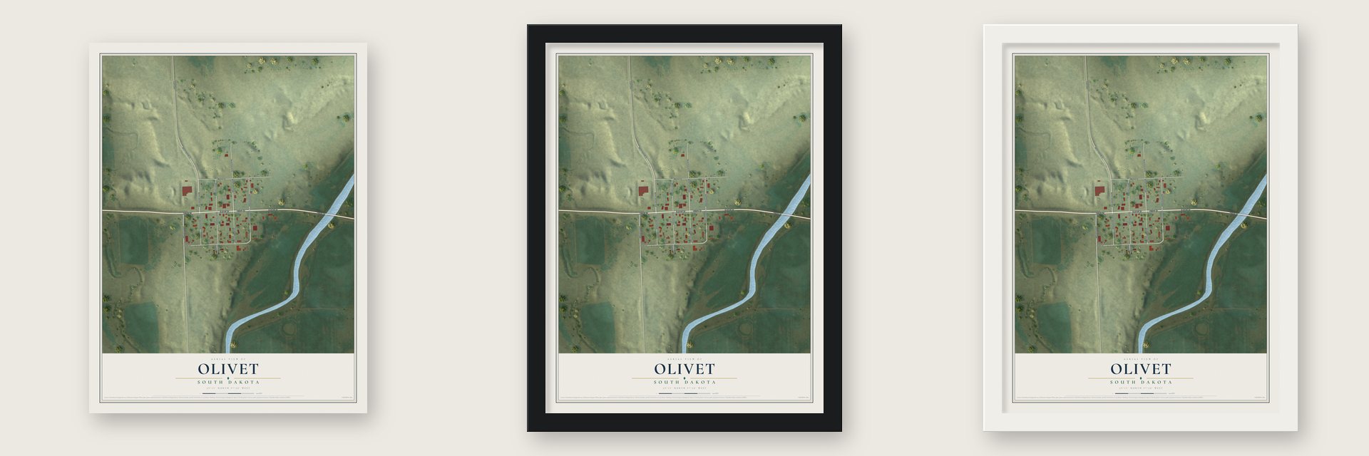 Olivet, South Dakota map unframed, in a black wood frame and in a white wood frame