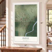 Olivet, South Dakota map, 24 x 36 inch print in a white frame by a staircase