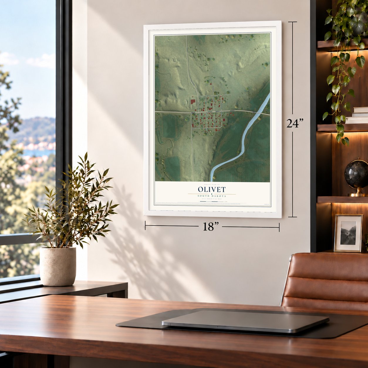 Olivet, South Dakota map, 18 x 24 inch print in a white frame in a home office