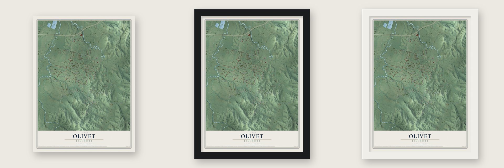 Olivet, Tennessee map unframed, in a black wood frame and in a white wood frame