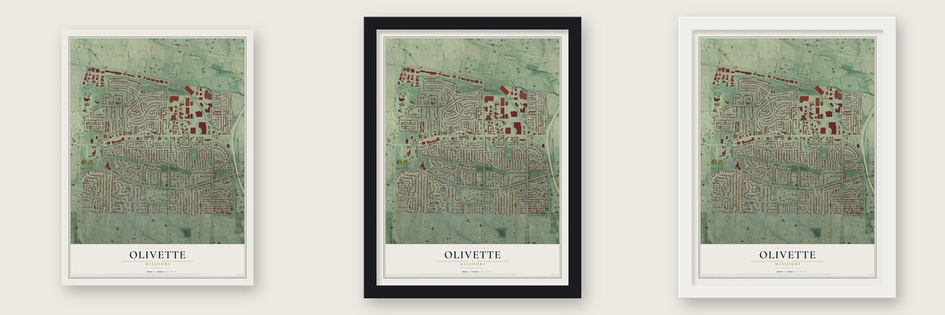 Olivette, Missouri map unframed, in a black wood frame and in a white wood frame