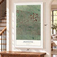Olivette, Missouri map, 24 x 36 inch print in a white frame by a staircase