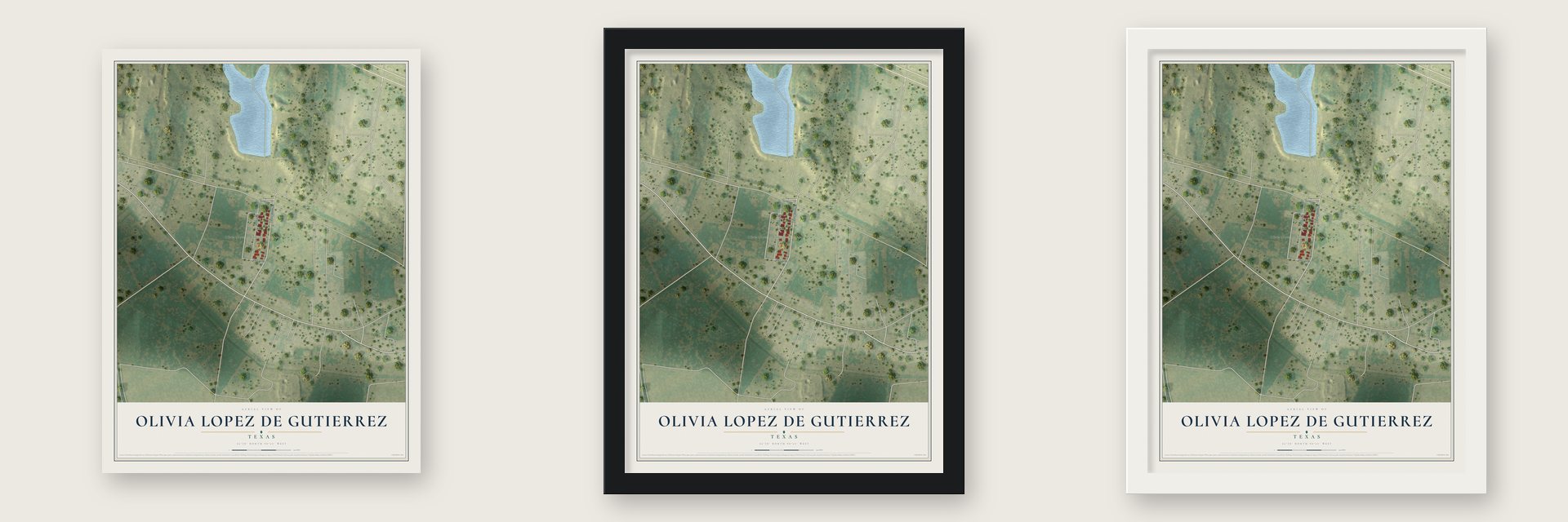Olivia Lopez de Gutierrez, Texas map unframed, in a black wood frame and in a white wood frame