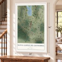 Olivia Lopez de Gutierrez, Texas map, 24 x 36 inch print in a white frame by a staircase