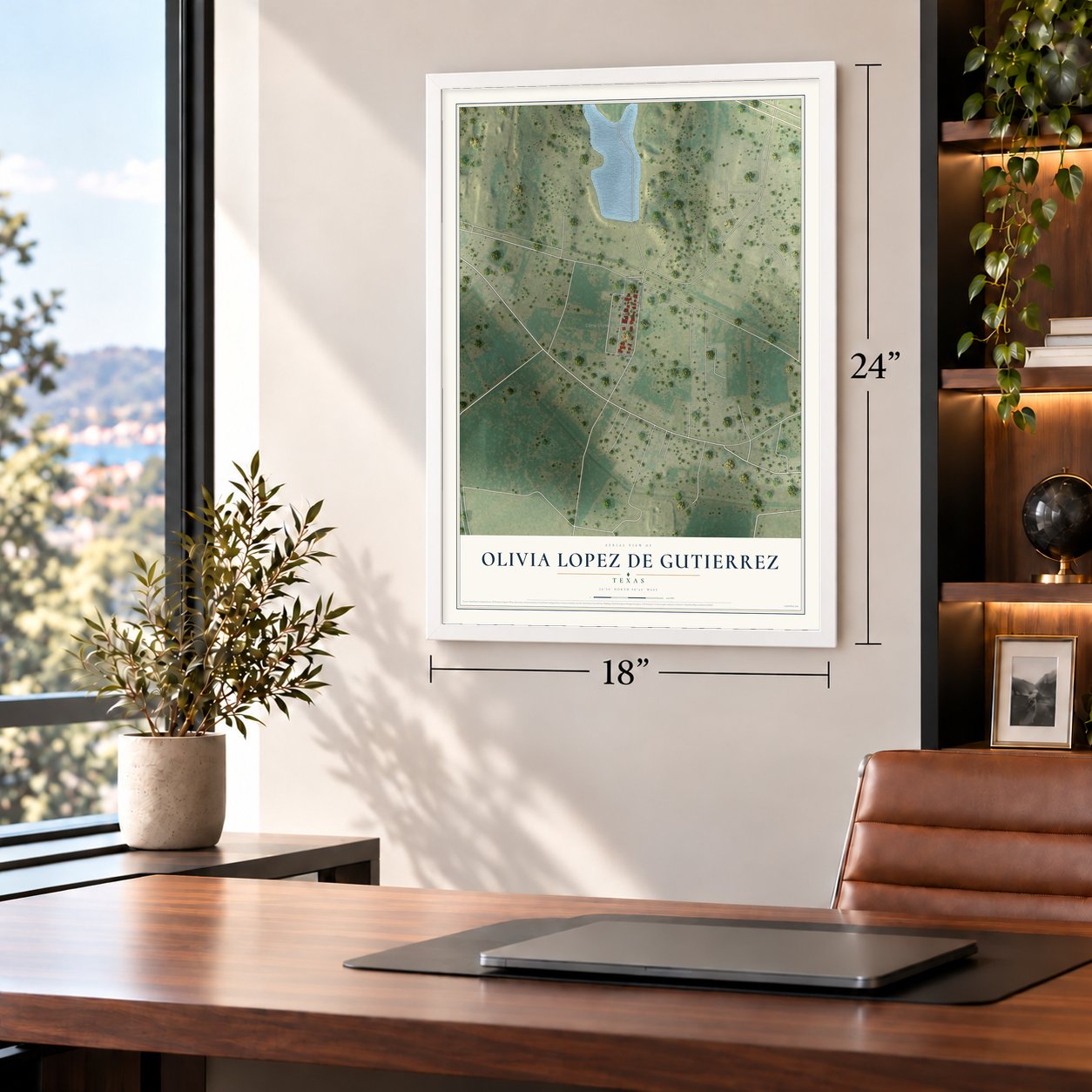 Olivia Lopez de Gutierrez, Texas map, 18 x 24 inch print in a white frame in a home office