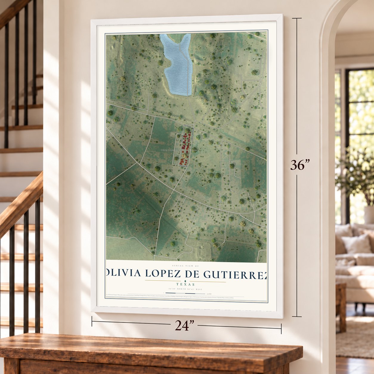 Olivia Lopez de Gutierrez, Texas map, 24 x 36 inch print in a white frame by a staircase