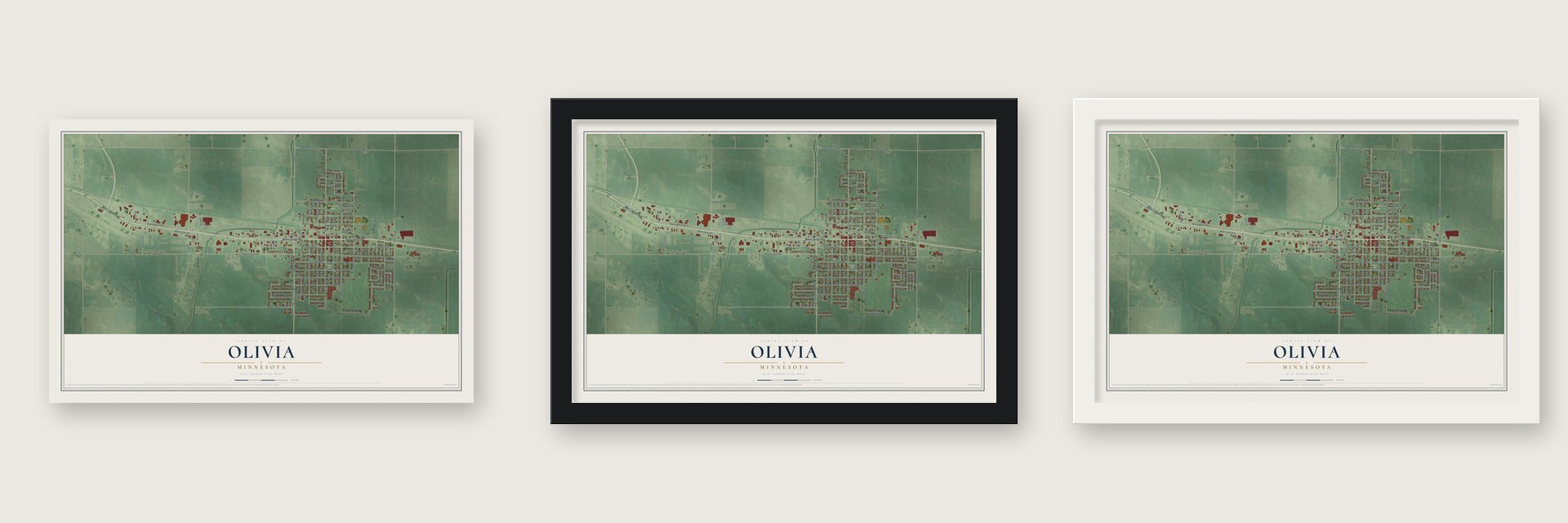 Olivia, Minnesota map unframed, in a black wood frame and in a white wood frame