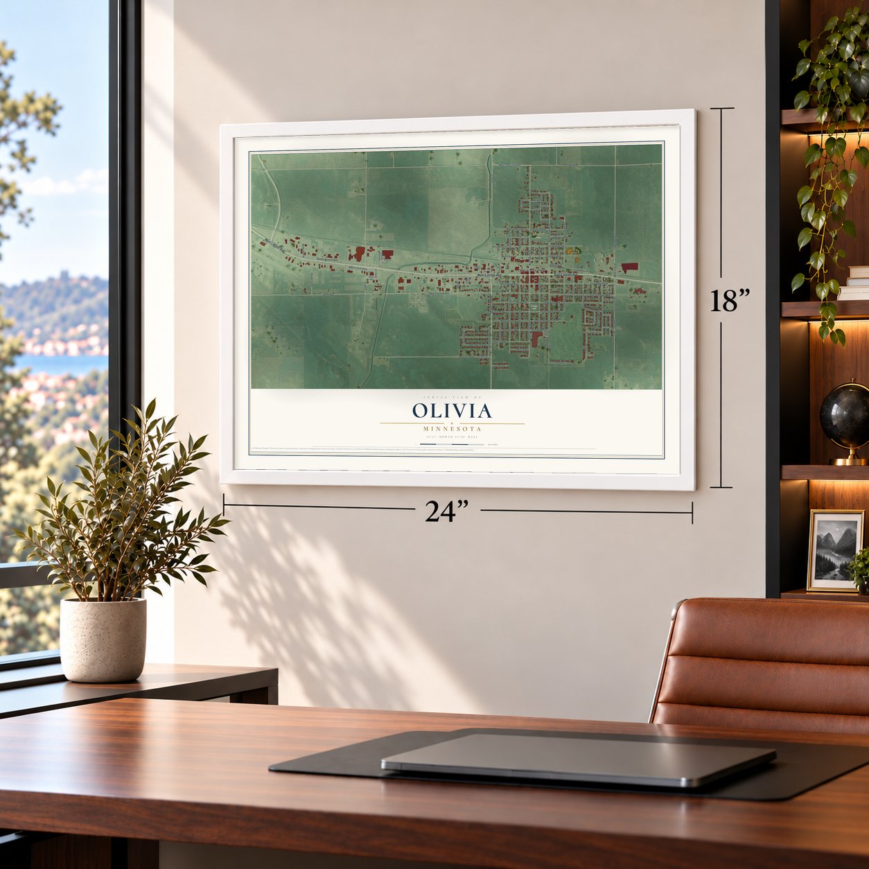 Olivia, Minnesota map, 18 x 24 inch print in a white frame in a home office