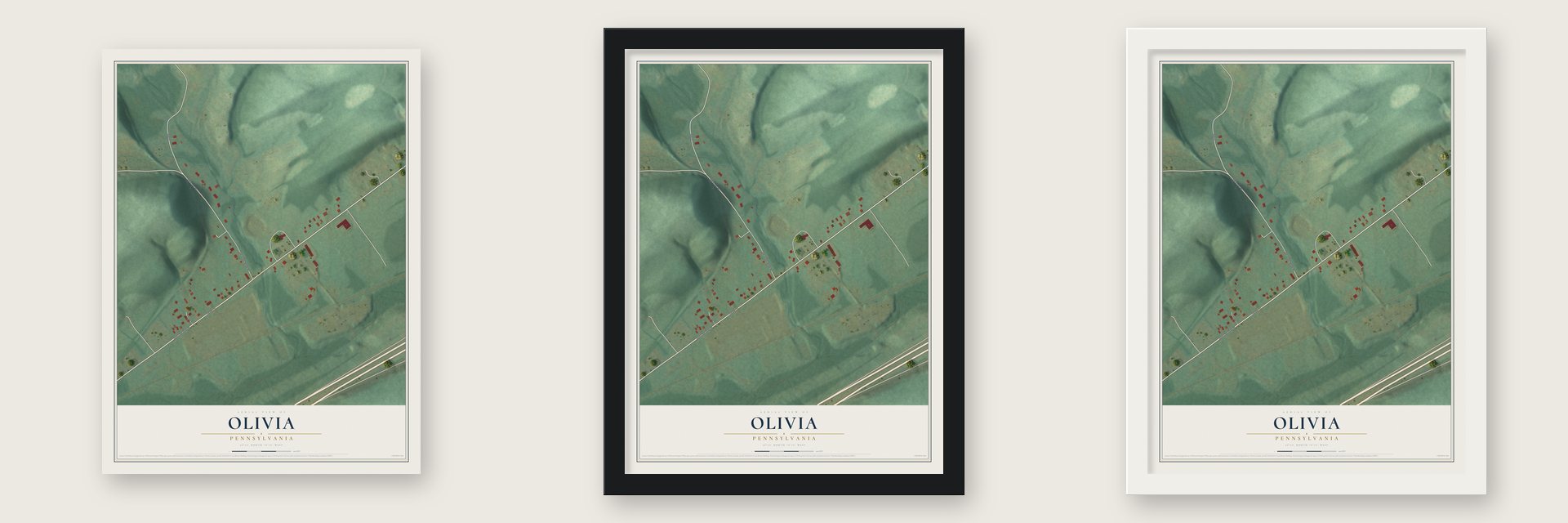 Olivia, Pennsylvania map unframed, in a black wood frame and in a white wood frame