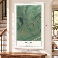 Olivia, Pennsylvania map, 24 x 36 inch print in a white frame by a staircase