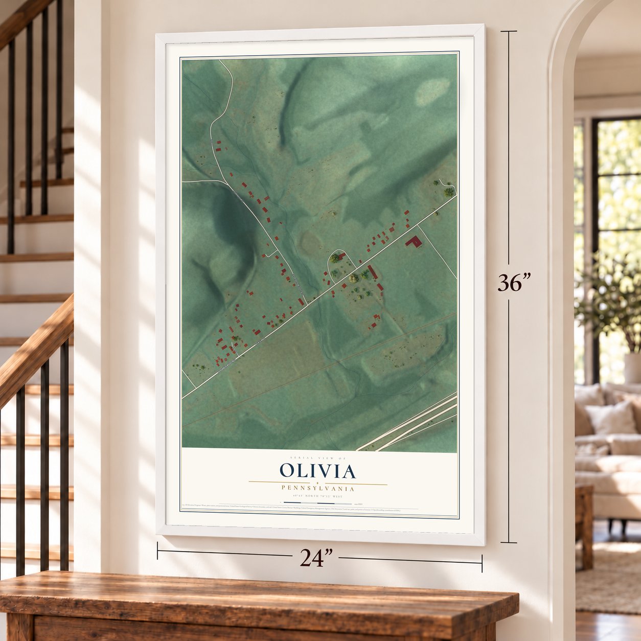 Olivia, Pennsylvania map, 24 x 36 inch print in a white frame by a staircase