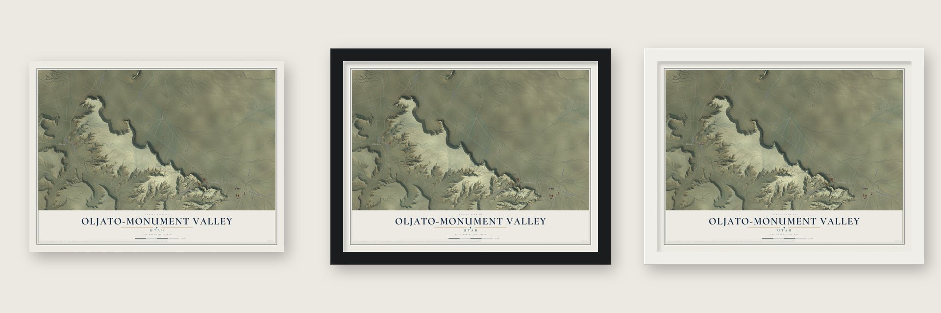 Oljato-Monument Valley, Utah map unframed, in a black wood frame and in a white wood frame