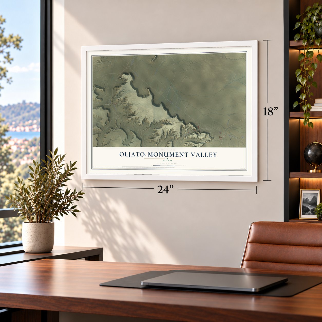 Oljato-Monument Valley, Utah map, 18 x 24 inch print in a white frame in a home office