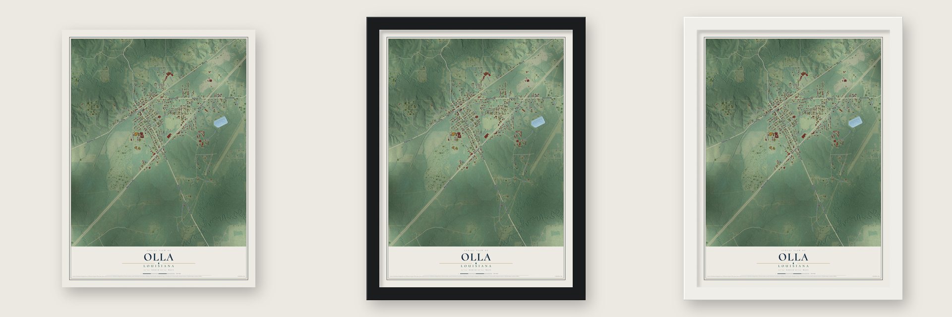 Olla, Louisiana map unframed, in a black wood frame and in a white wood frame