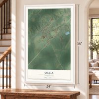Olla, Louisiana map, 24 x 36 inch print in a white frame by a staircase