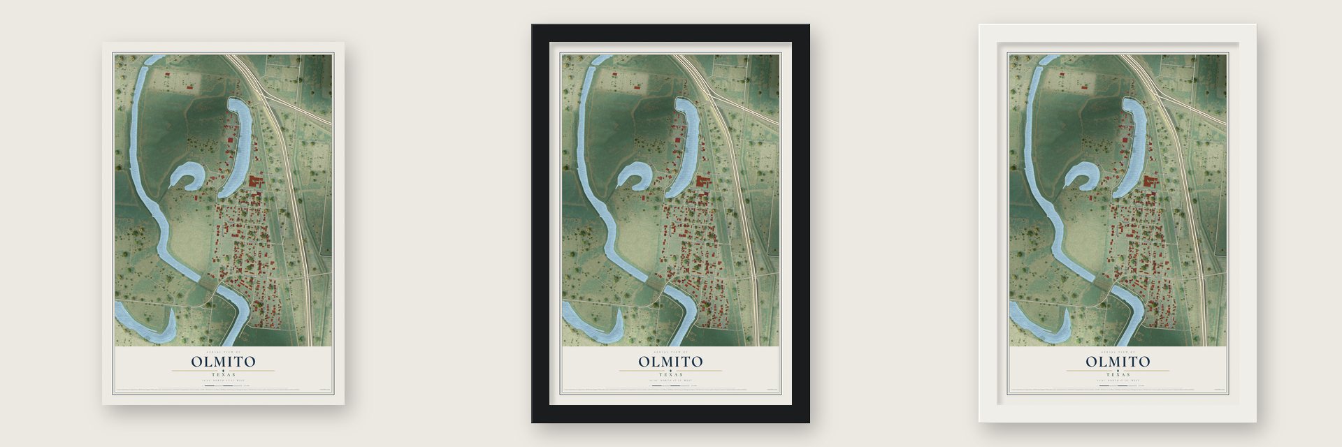 Olmito, Texas map unframed, in a black wood frame and in a white wood frame