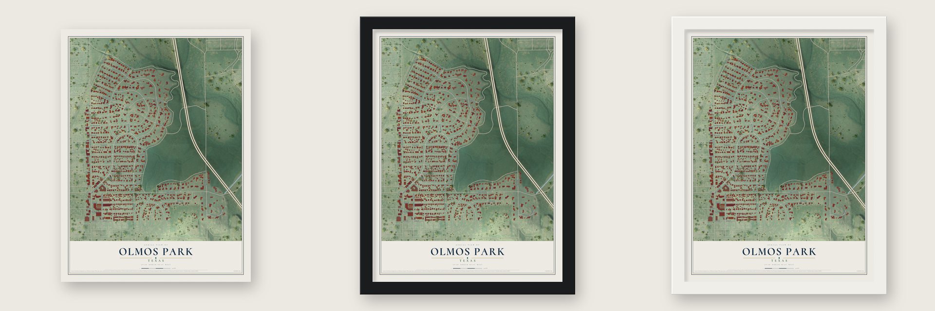 Olmos Park, Texas map unframed, in a black wood frame and in a white wood frame