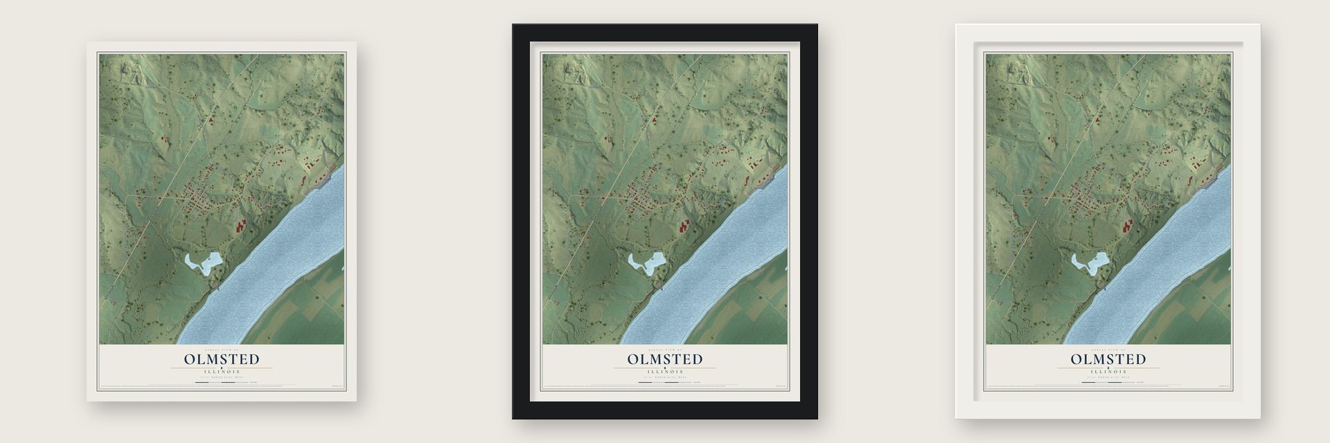 Olmsted, Illinois map unframed, in a black wood frame and in a white wood frame