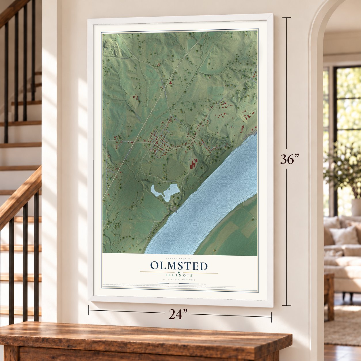 Olmsted, Illinois map, 24 x 36 inch print in a white frame by a staircase