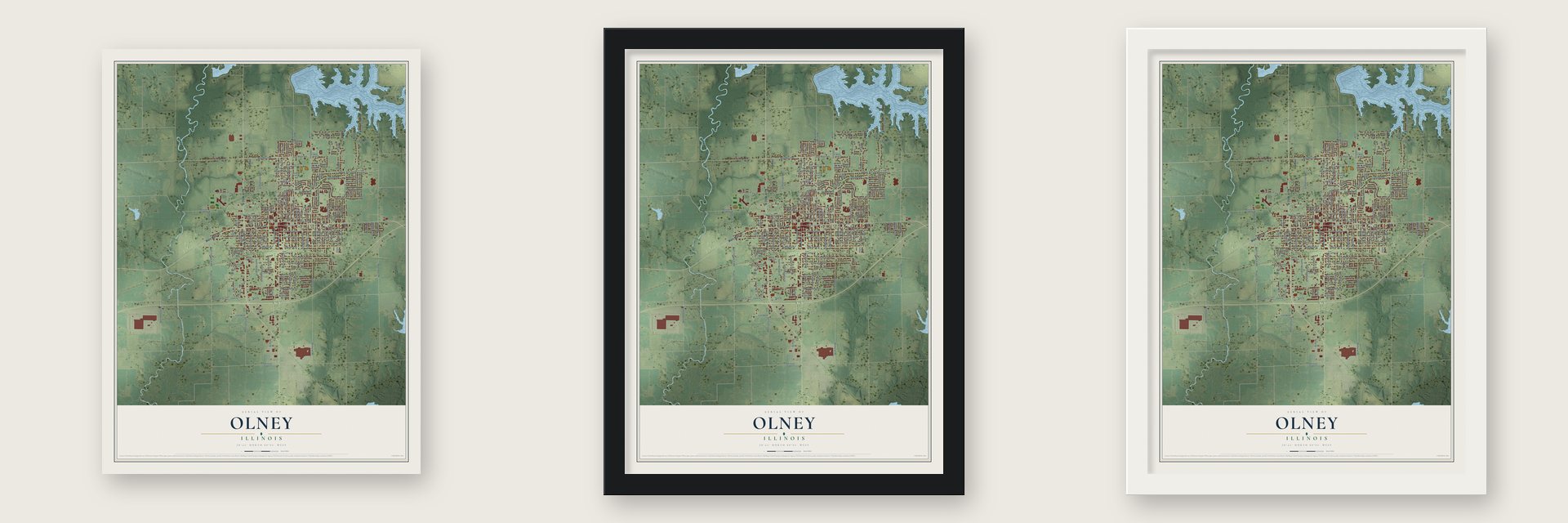 Olney, Illinois map unframed, in a black wood frame and in a white wood frame