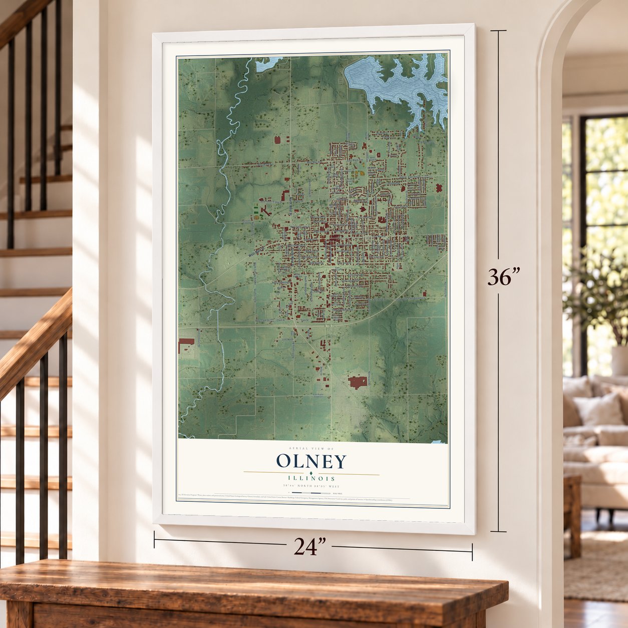 Olney, Illinois map, 24 x 36 inch print in a white frame by a staircase