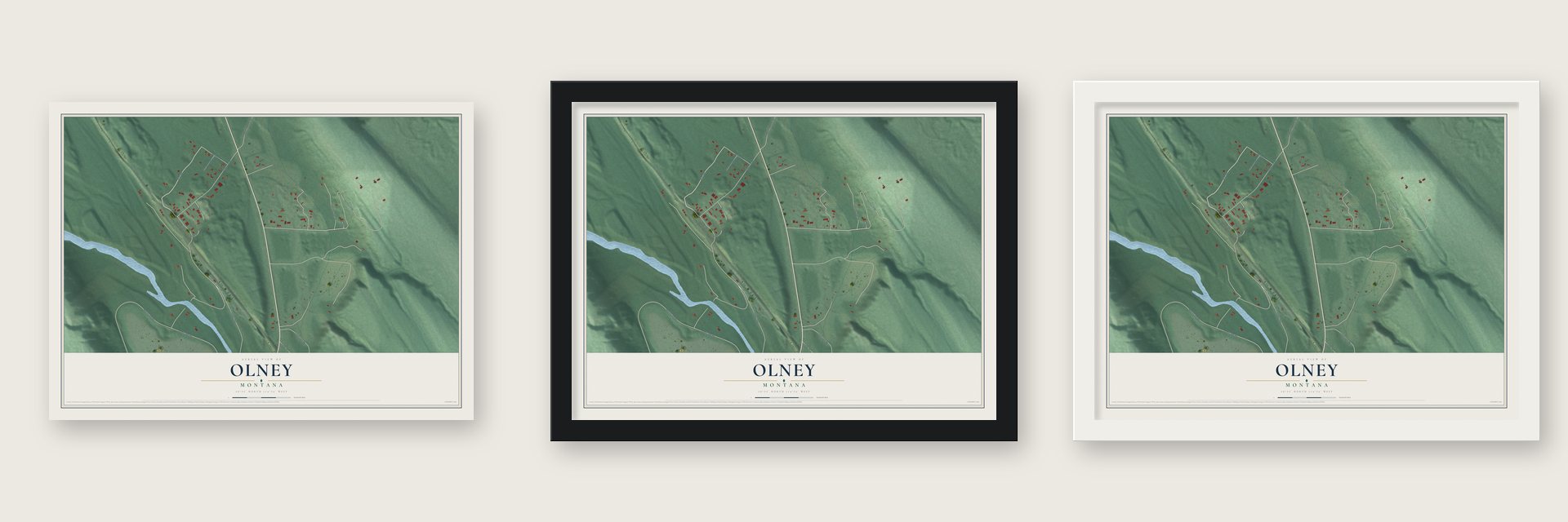 Olney, Montana map unframed, in a black wood frame and in a white wood frame