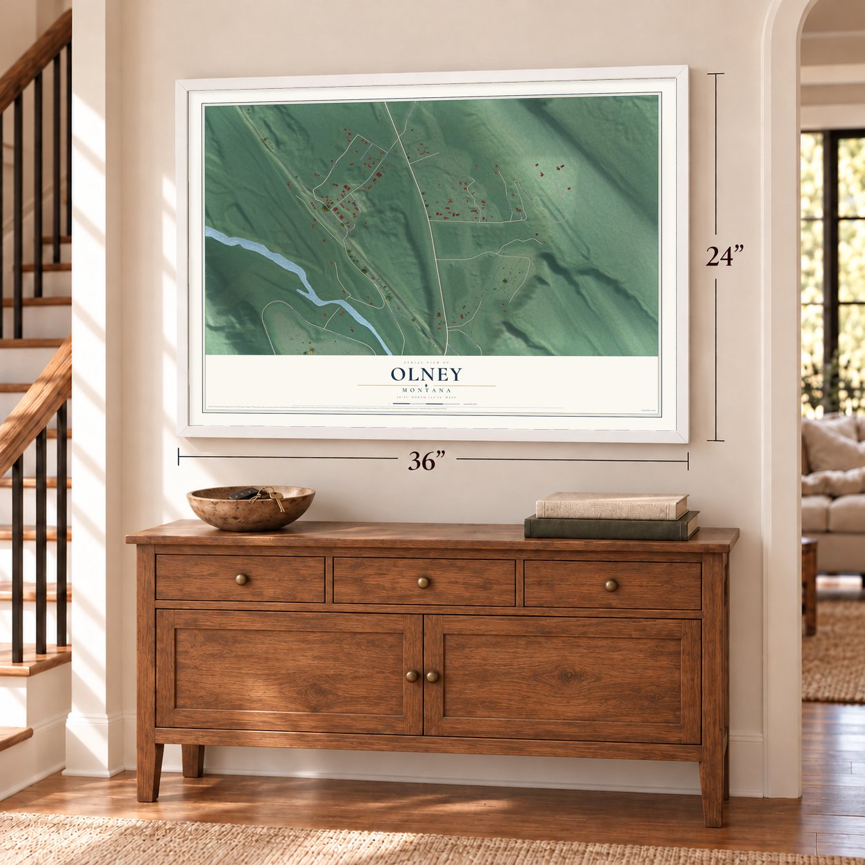 Olney, Montana map, 24 x 36 inch print in a white frame above a dresser by a staircase