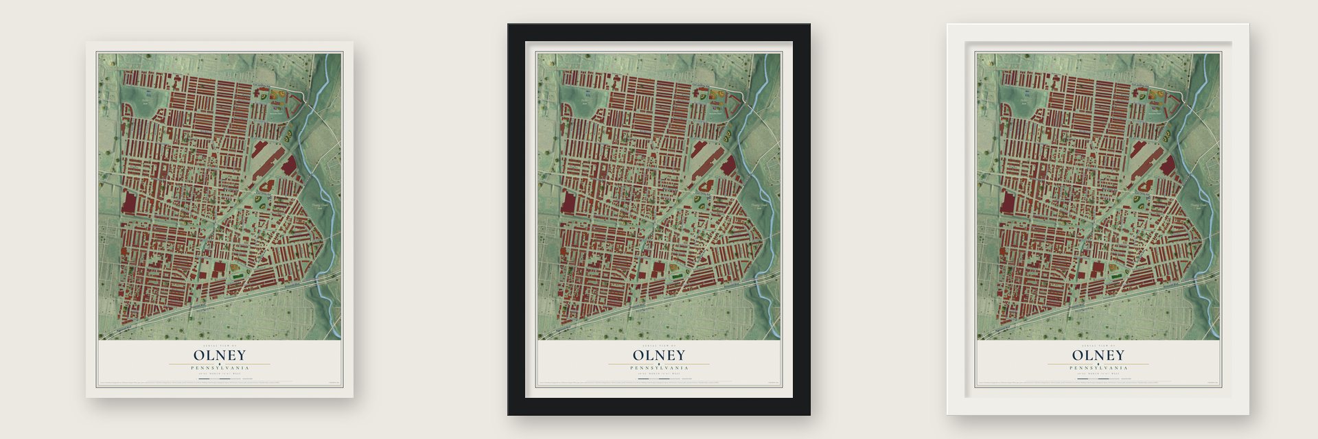 Olney, Pennsylvania map unframed, in a black wood frame and in a white wood frame