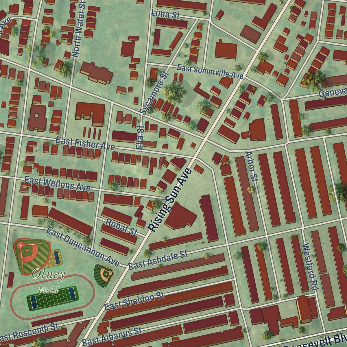 Second close-up of the map of Olney, Pennsylvania print showing more streets and buildings
